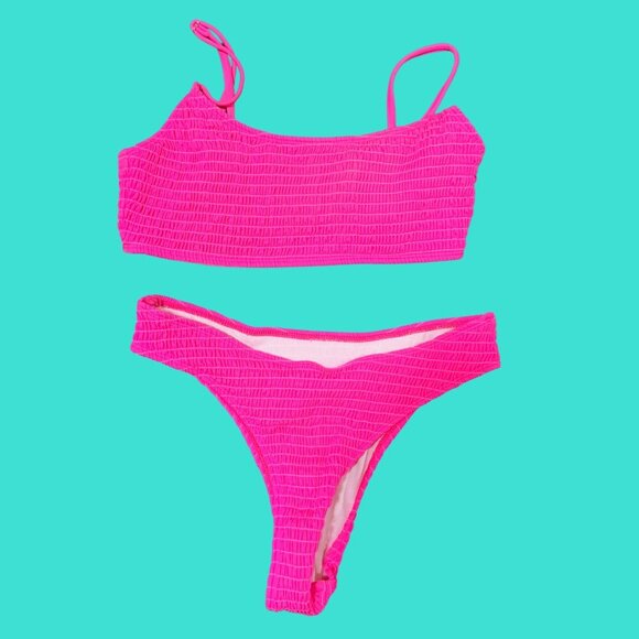 💗 SHEIN Hot Pink Smocked High-Waisted Bikini Set – Size M - Picture 2 of 7